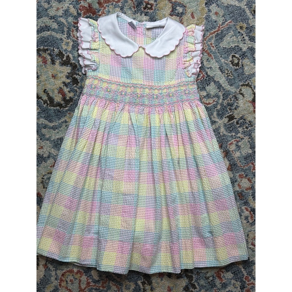 Christie Brooks Smocked Dress Girls 5/6 Pastel Gingham Seersucker
